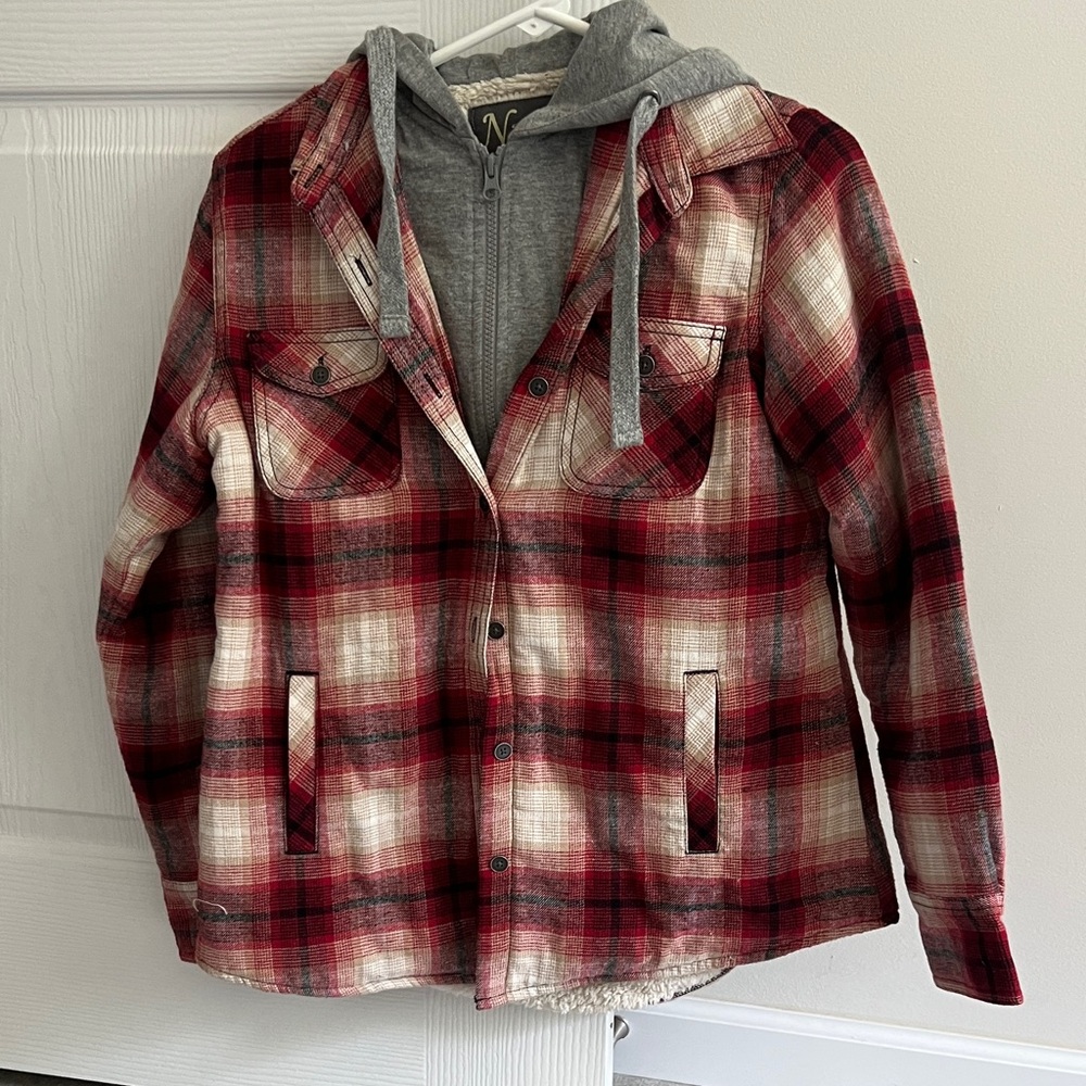Natural Reflections Red and Gray Plaid Hooded Jacket